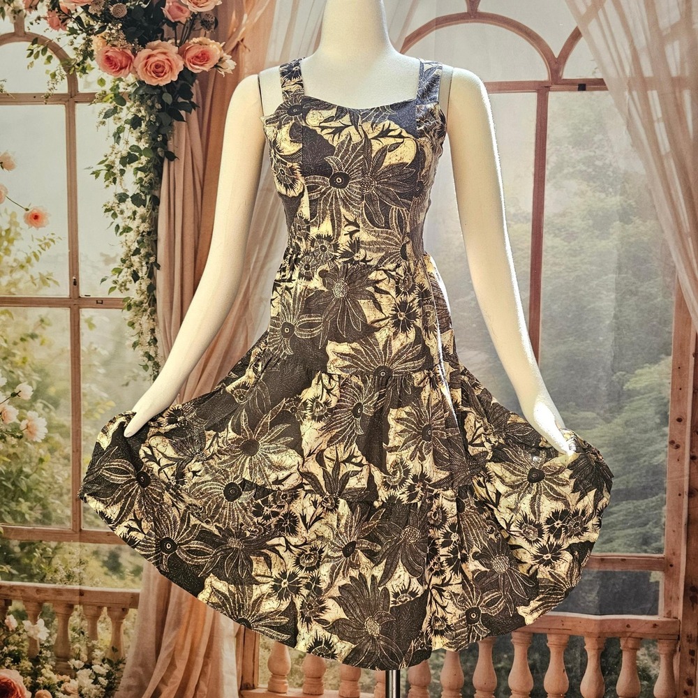 Vintage 1970s Dress Sundress Tan Black Floral Adjustable Straps Retro Boho